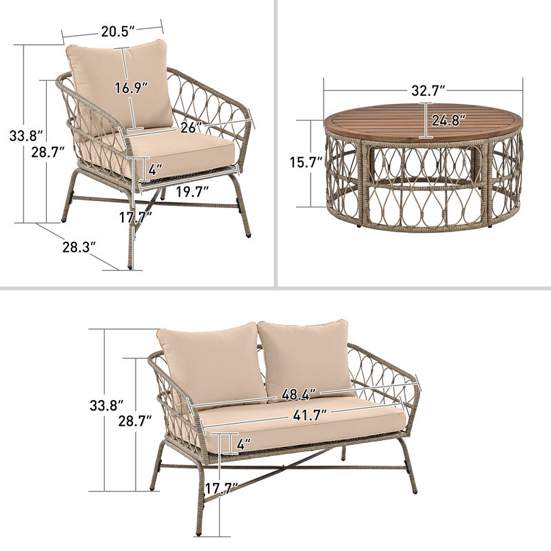 Whisen Bohemia-inspired Outdoor Seating Group With Removable Cushions, Conversation Patio Set With Wood Tabletop