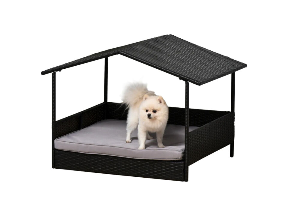 Gray Pet Retreat: Wicker Dog Bed with Rattan Canopy
