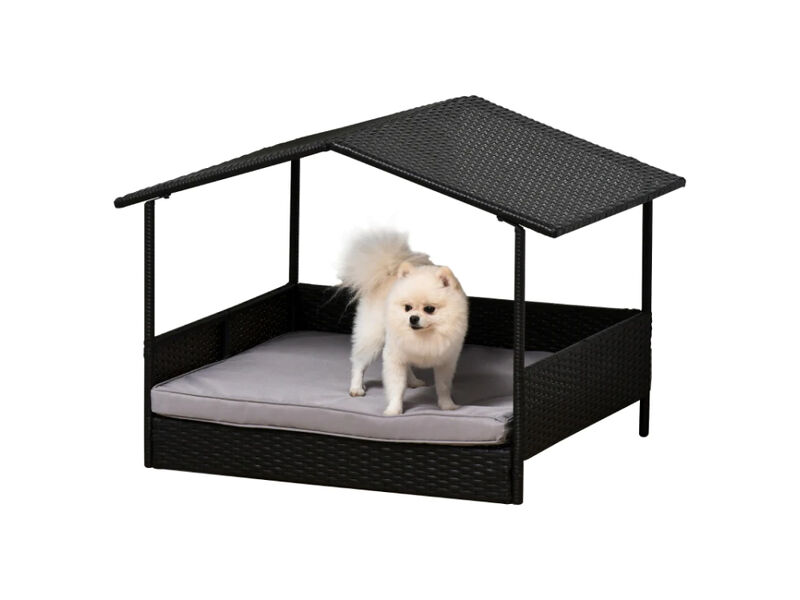 Gray Pet Retreat: Wicker Dog Bed with Rattan Canopy