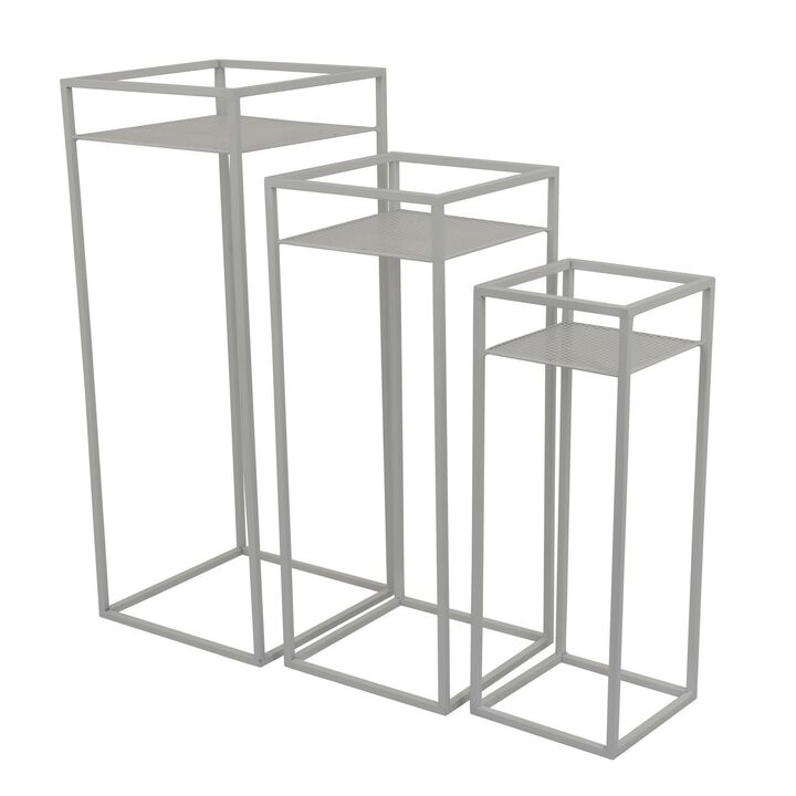 Sano Plant Stand Table Set of 3, Mesh Pattern, White Metal, Square - Benzara