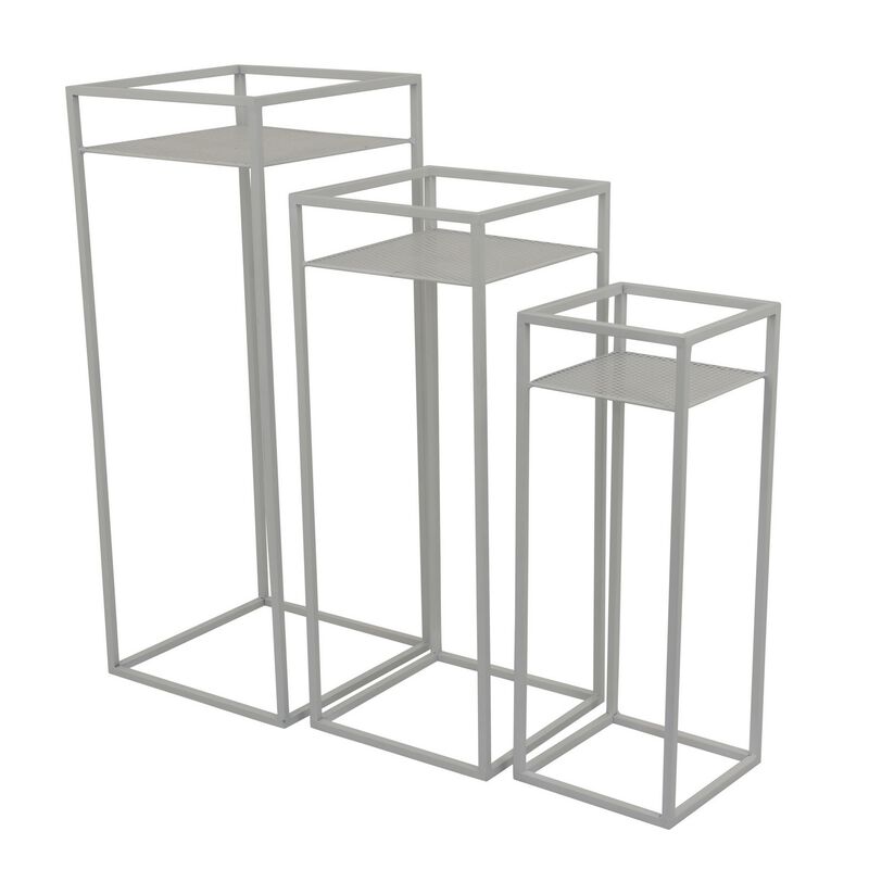 Sano Plant Stand Table Set of 3, Mesh Pattern, White Metal, Square - Benzara