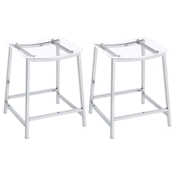 Ani 24 Inch Counter Height Stool Set of 2, Acrylic Clear, Chrome Metal - Benzara