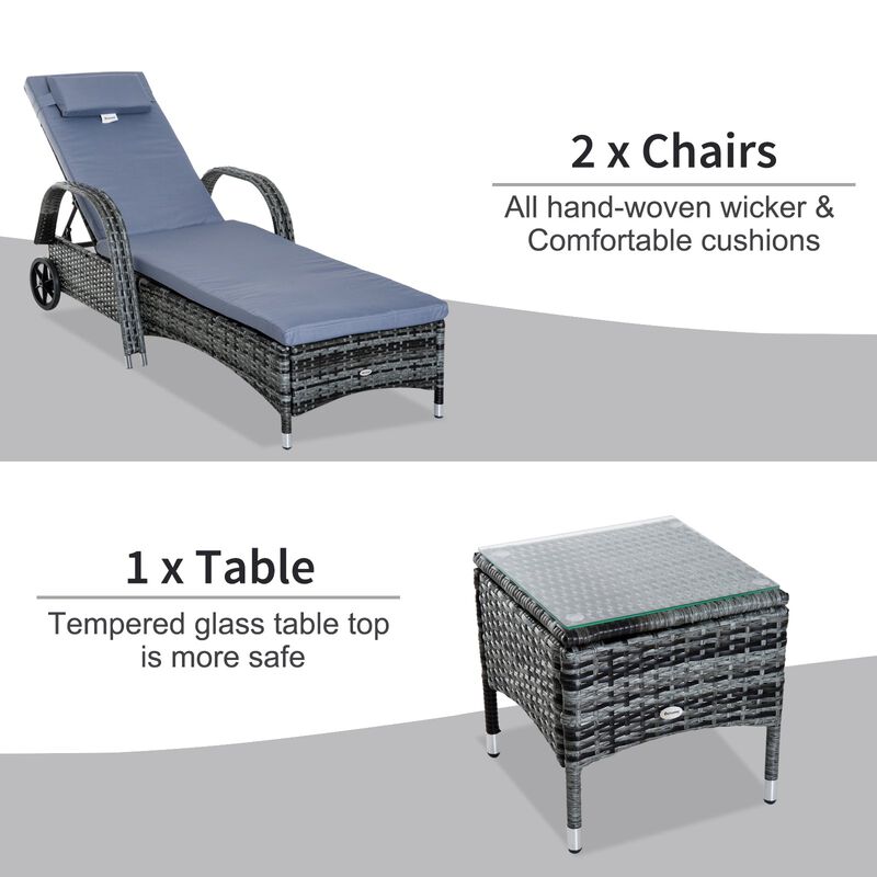 Gray Outdoor Relaxation: 3-Piece Wicker Chaise Lounge Set with Table