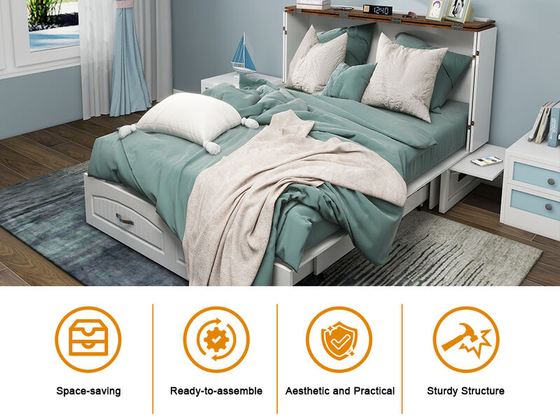 Murphy Bed Cabinet,Murphy Bed Queen with USB and Charging Ports, Murphy Bed Cabinet with Drawer Includes Storage Cabinet,White Cabinet Bed  for Guest Room