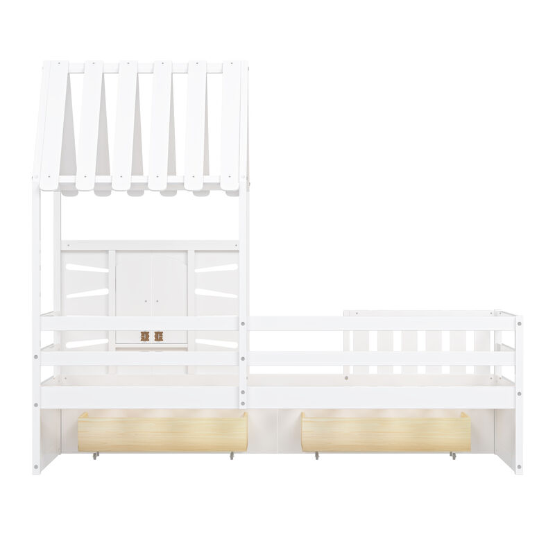 Merax House Platform Bed with 2 Drawers and Guardrails