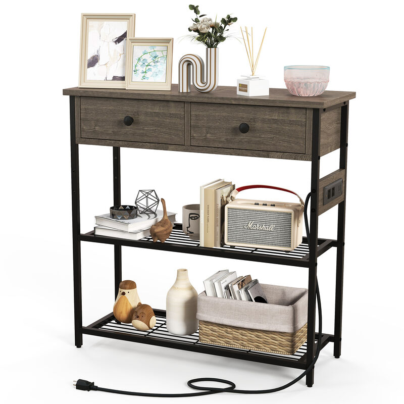 Narrow Console Table with 2 Drawers and 2 Metal Mesh Shelves