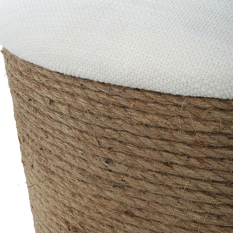 18 Inch Classic Storage Accent Ottoman, Rope Wrapped Base, Off White, Brown-Benzara