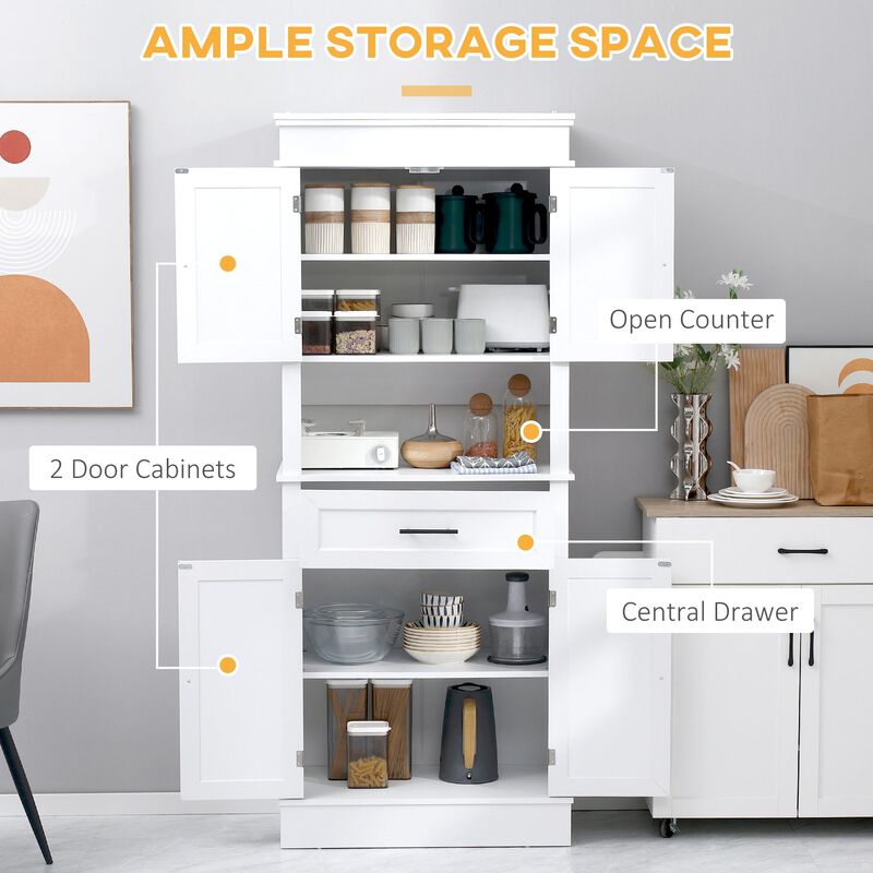 White Kitchen Storage: 72" Tall Freestanding Hutch with Shelving & Drawer