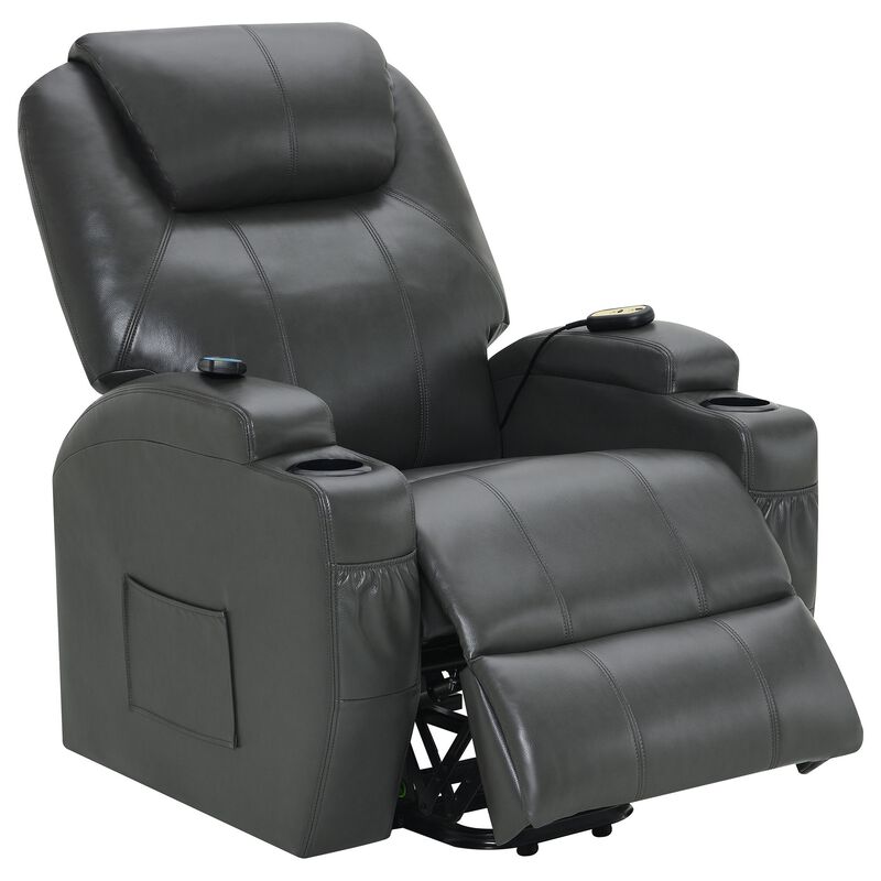 Sania Power Lift Recliner Chair, Gray Faux Leather, Cup Holders, Massage - Benzara