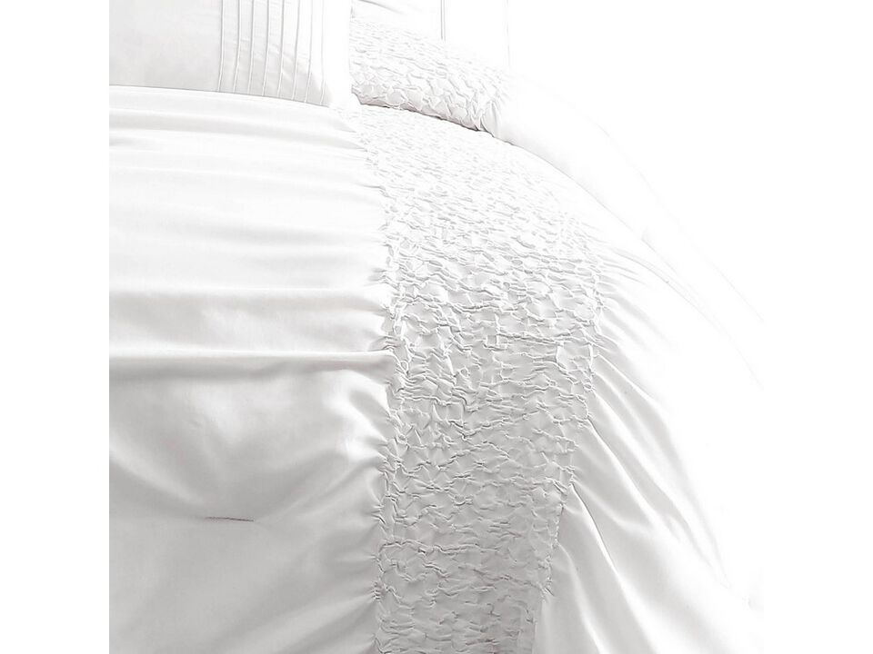 4 Piece Twin Comforter Set with Ruching Details, White - Benzara