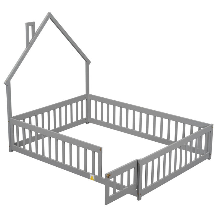 Twin House-Shaped Headboard Floor Bed with Fence, Natural