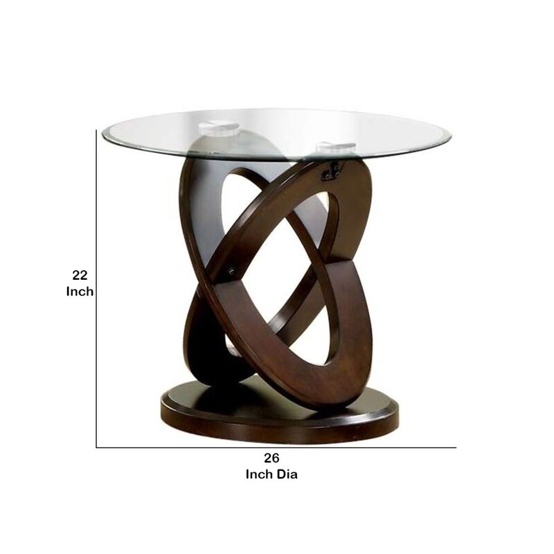 Cross Oval Base End Table with Round Glass Top, Brown and Clear-Benzara
