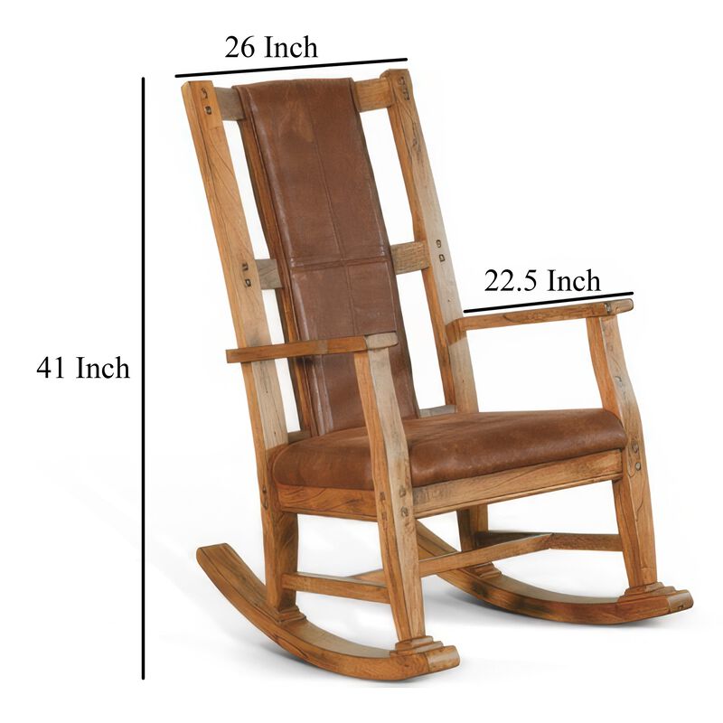 Marv Rocking Chair with Faux Leather Seat and Back, Rustic Oak Brown - Benzara