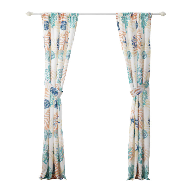 Geo 84 Inch Window Curtains, White Blue Polyester, Seashells Ferns Print - Benzara