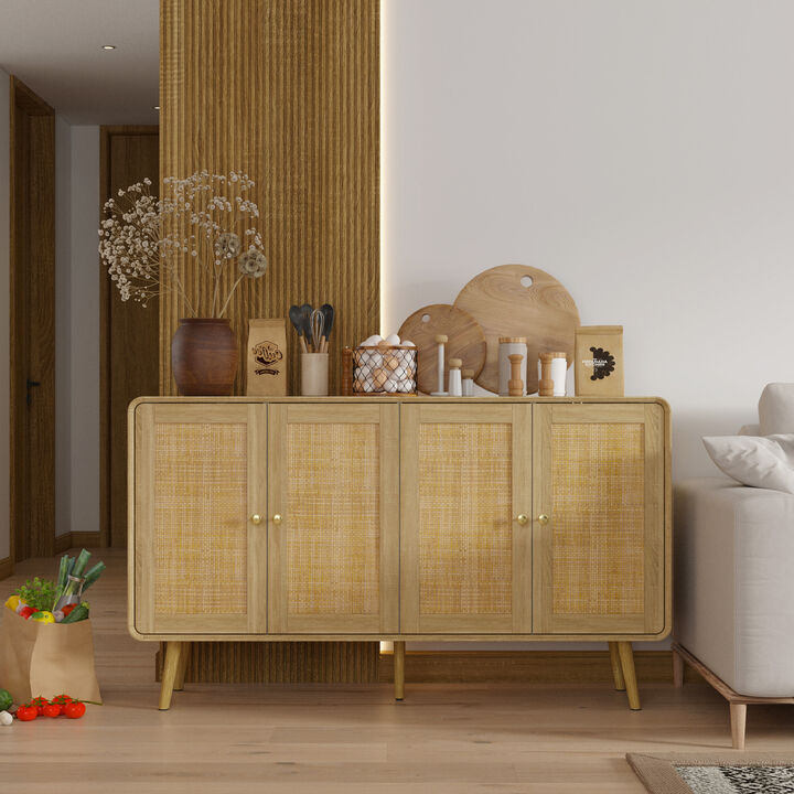 FUFU&GAGA Rattan Sideboard, Modern Buffet Cabinet with 4 Doors, Gold Handles & Solid Wood Legs, Storage Cabinet for Dining Room, Living Room & Entryway (55.1" W x 32.1" H x 13.9" D), Natural Wood