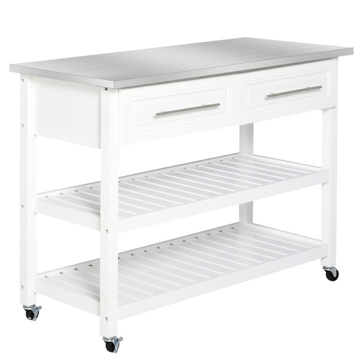 Stainless Steel Top Kitchen Island Utility Serving Storage Cart on Wheels White