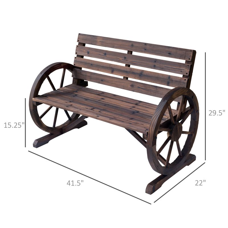 Rustic Outdoor Seating: 2-Person Carbonized Wagon Wheel Bench with Backrest