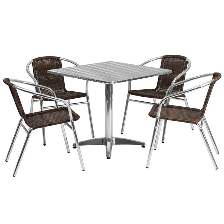 Flash Furniture 31.5'' Square Aluminum Indoor-Outdoor Table Set with 4 Dark Brown Rattan Chairs