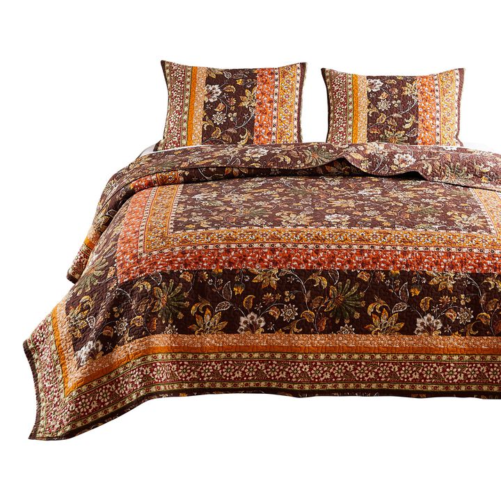 3 Piece King Quilt Set, Bohemian, Jacobean Floral Print, Brown, Orange - Benzara