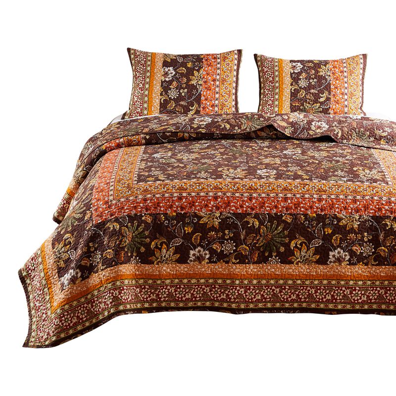 3 Piece King Quilt Set, Bohemian, Jacobean Floral Print, Brown, Orange - Benzara