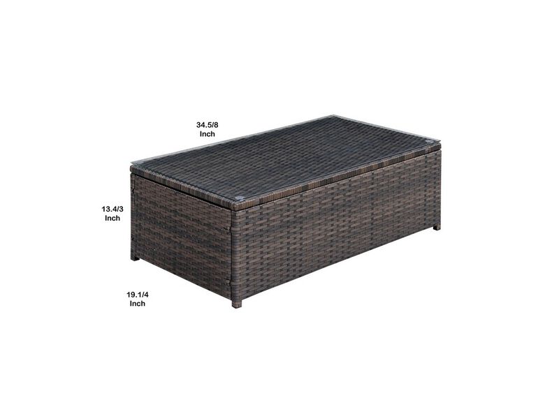 Rectangular Faux Rattan and Aluminum Coffee Table with Glass Top, Brown-Benzara