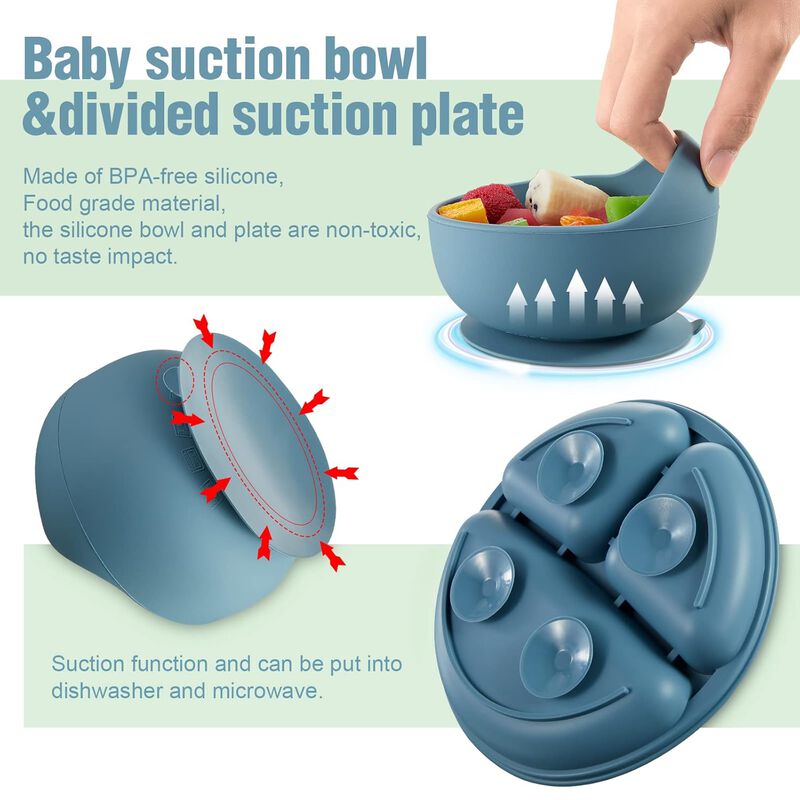 10-Piece Silicone Baby Feeding Set – Includes Suction Bowl, Divided Plate, Adjustable Bib, Soft Spoon & Fork for Infant Self-Feeding (Blue, Green).
