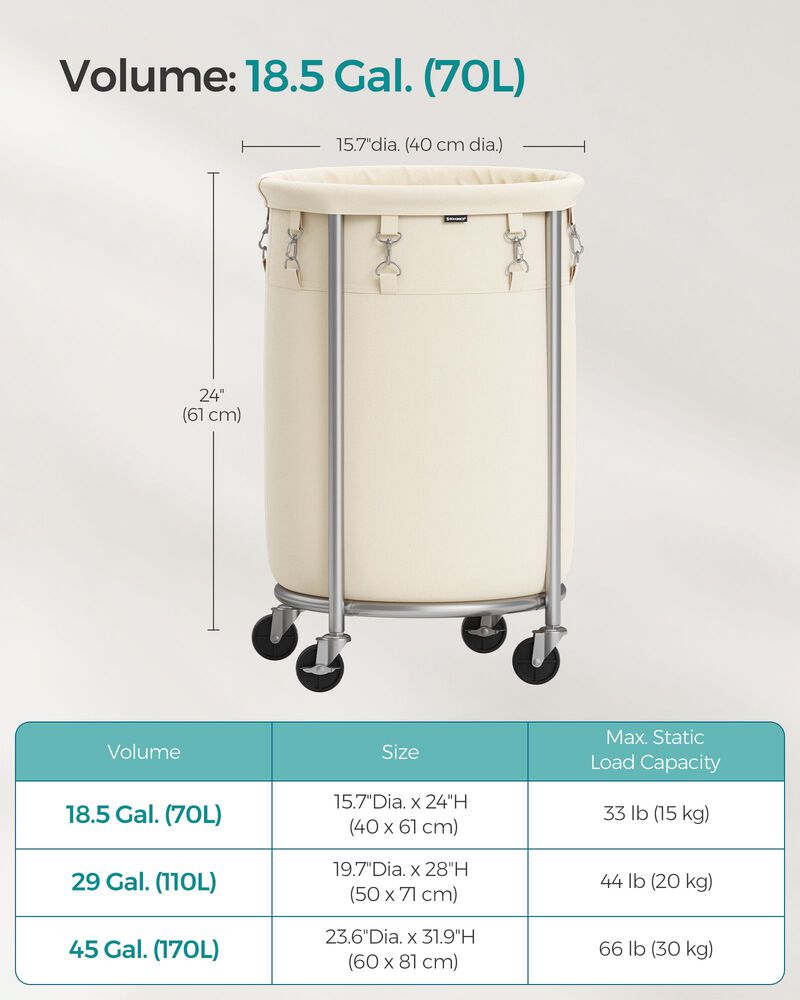 Laundry Basket with Wheels and Removable Bag, Steel Frame, 4 Casters and 2 Brakes