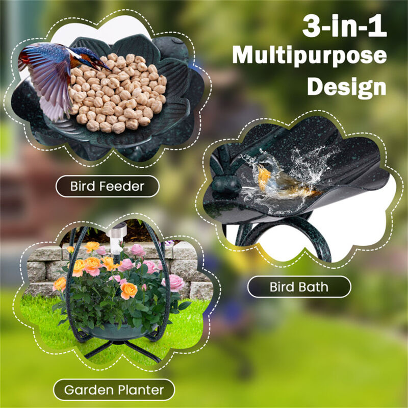 Outdoor Solar Bird Bath & Feeder with Flower Planter and LED Lights