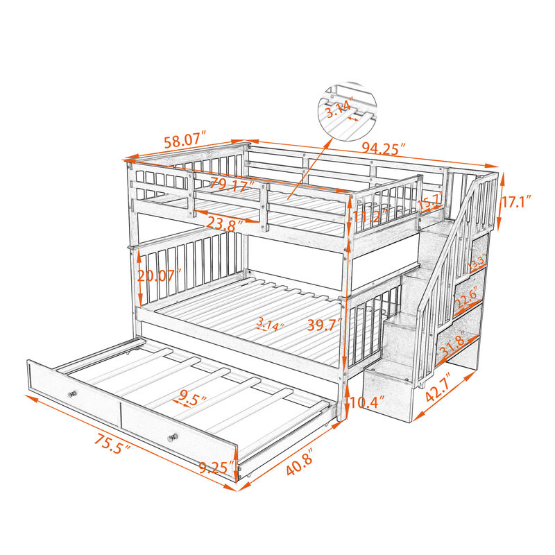 Merax Storage Bunk Bed Trundle Bed with Guard Rail