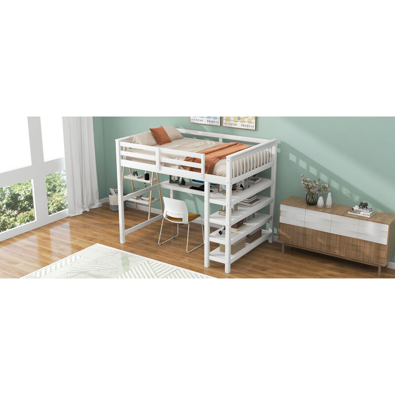 Full Size Loft Bed With Storage Shelves And Under-Bed Desk