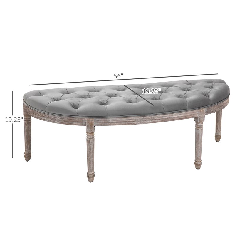 Grey Classic Accent: Tufted Half Circle Bench with Velvet-Touch Fabric
