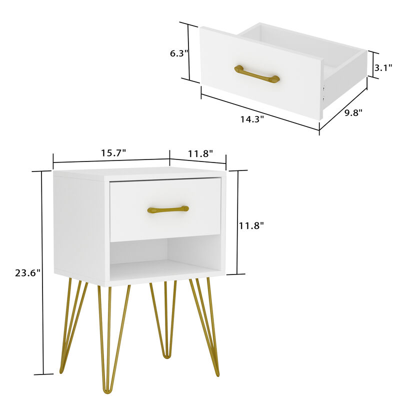 1-Drawer White Nightstands with Metal Legs and Open Shelf Side Table Bed Side Table 23.6 in. H x 15.7 in. W x 11.8 in. D