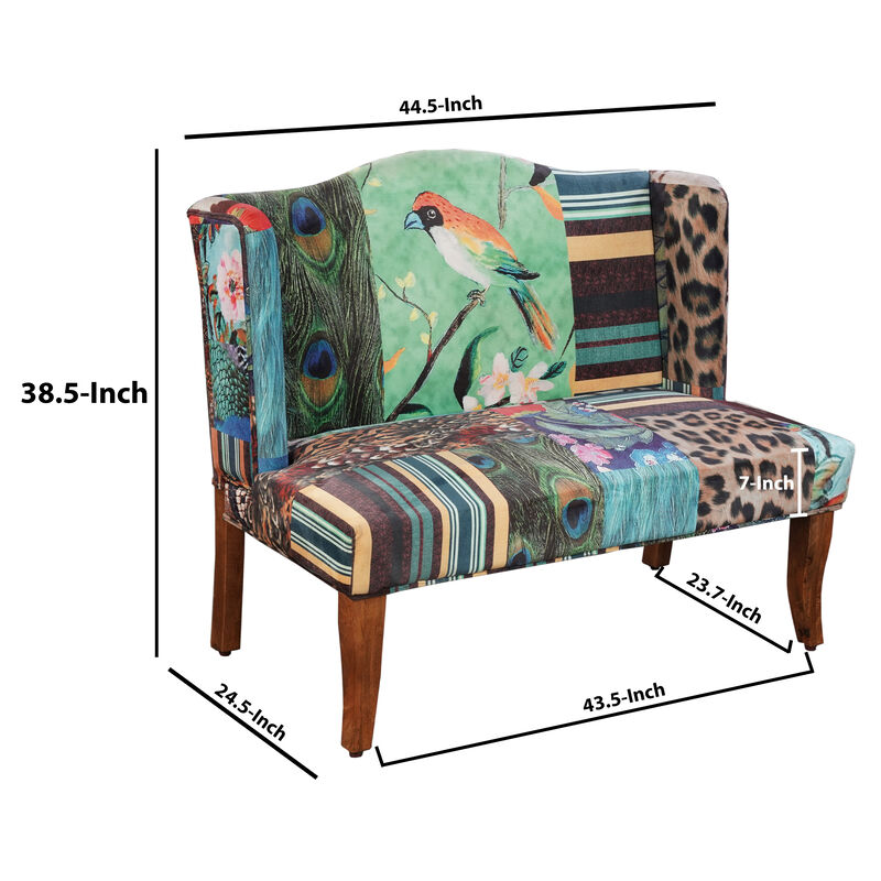 46 Inch Settee Loveseat Bench, Handcrafted Wingback Design, Bird Collage Print Velvet Fabric, Multicolor - Benzara