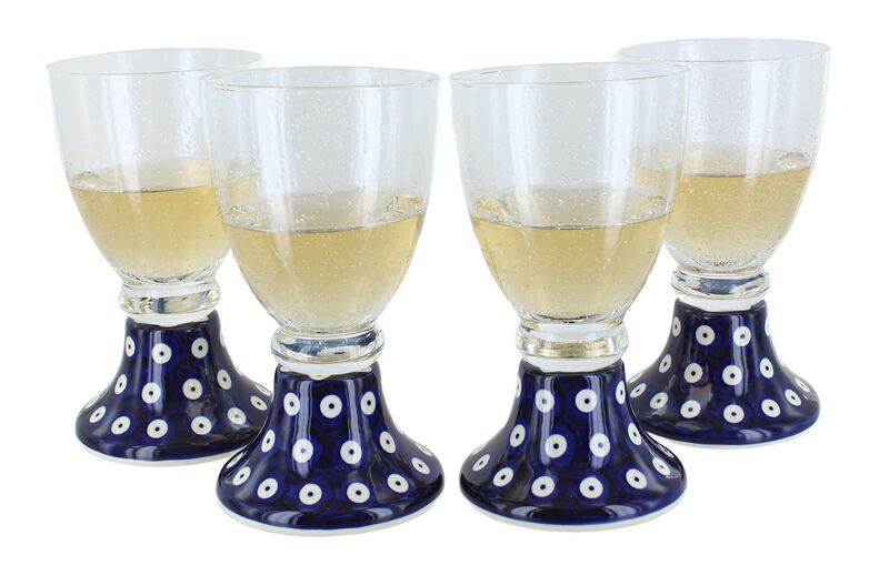 Blue Rose Polish Pottery Small Dots 4 Piece Wine Glass Set