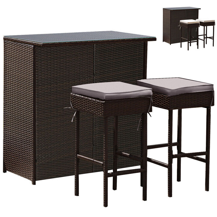 3PCS Patio Rattan Wicker Bar Table Stools Dining Set