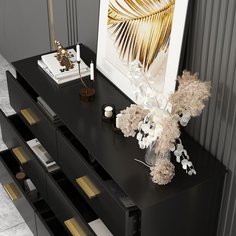 Black Sideboard with 6-Drawers, 31.5 in. H x 47.2 in. W x 15.7 in. D