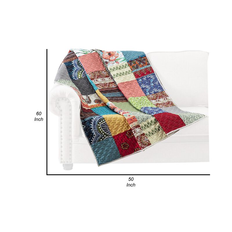 Lily 50 x 60 Inch Quilted Patchwork Throw Blanket, Multicolor Cotton Strips - Benzara