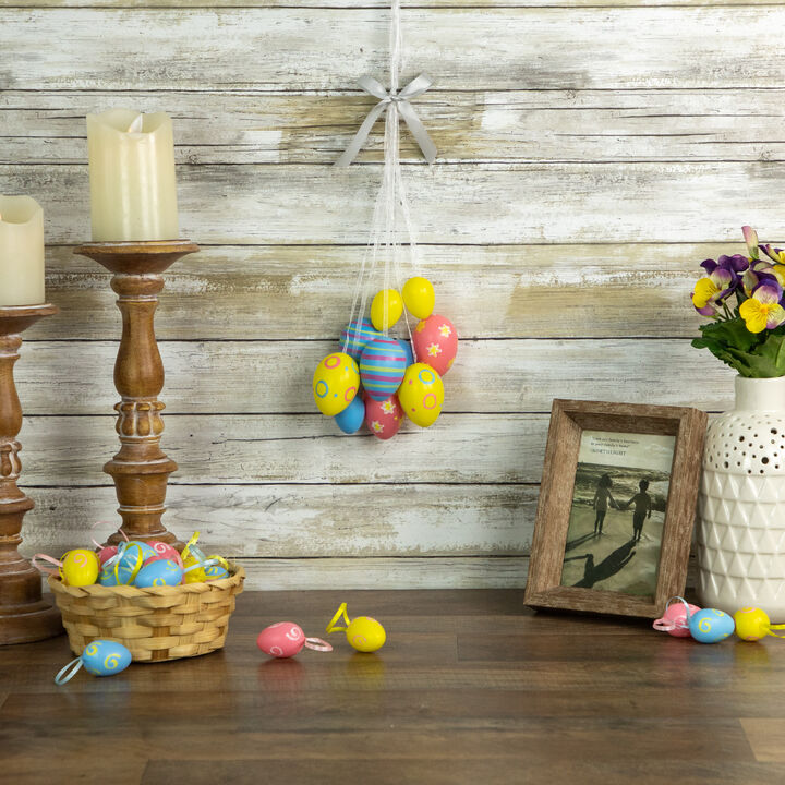 11.75" Pastel Yellow  Blue and Pink Floral Striped Spring Easter Egg Cluster Hanging Decoration