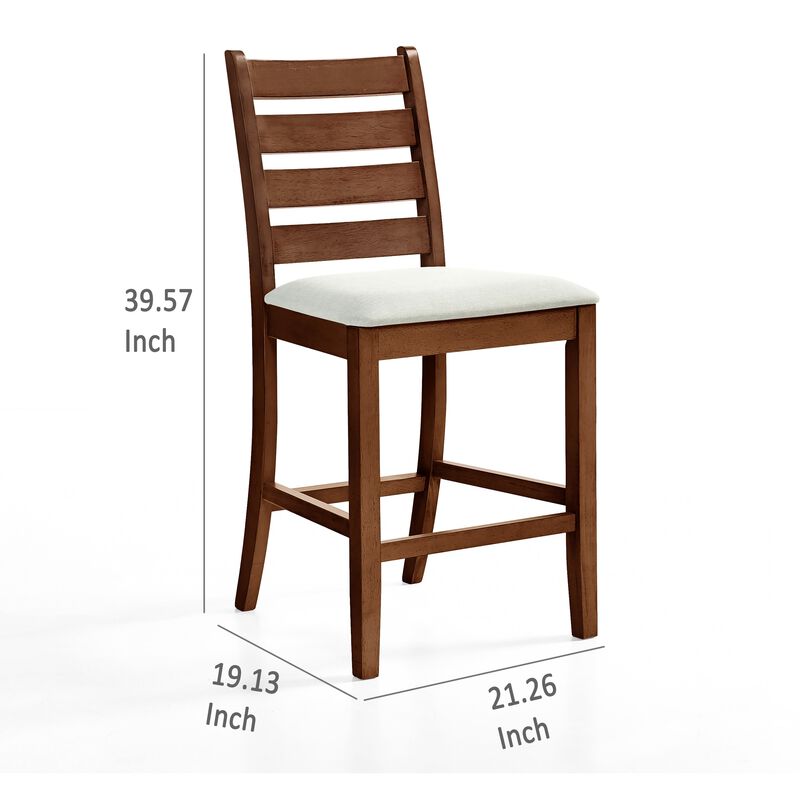Accai Counter Height Chair Set of 2, Beige Polyester, Brown Rubberwood - Benzara