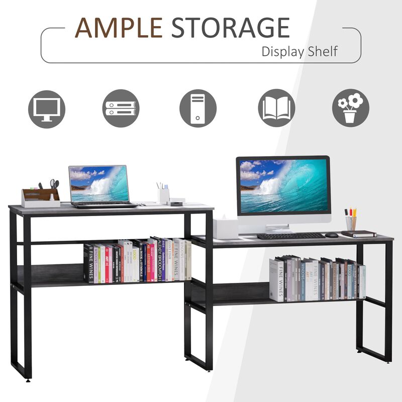 Black/Grey Shared Workspace: 86.5" Two-Person Desk with Shelves
