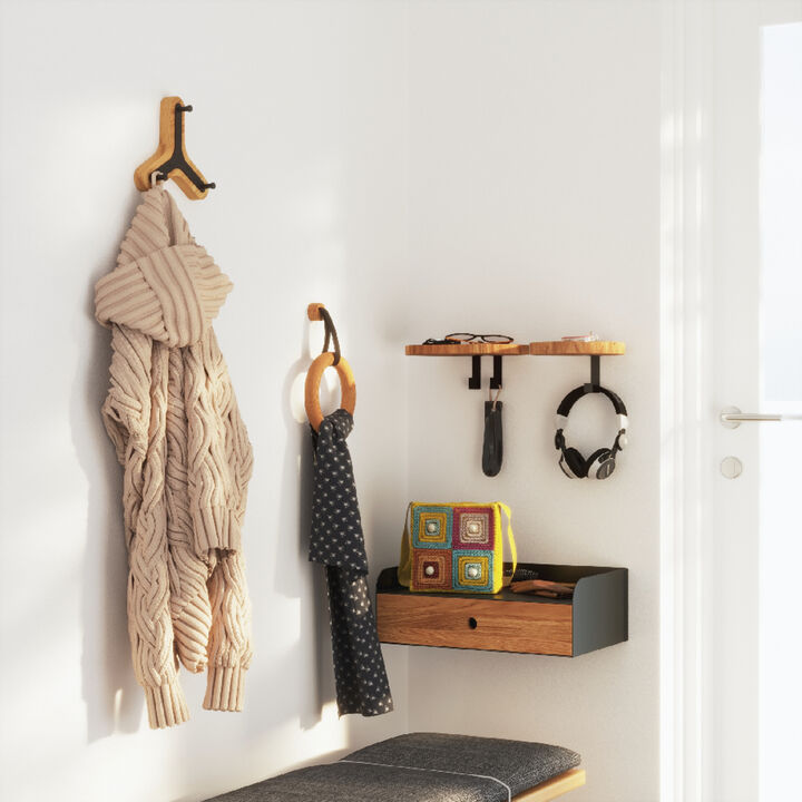 Modern Wall Mounted Coat Rack - Premium Handmade Oak Wood & Metal, 3 knobs