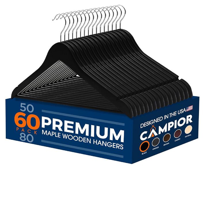 Wooden Clothes Hangers - 60 Pack, Durable, Non-Slip, Space-Saving Hangers for Dresses, Coats, and More, Holds Up to 10 lbs with 360° Swivel Hook, Black Finish