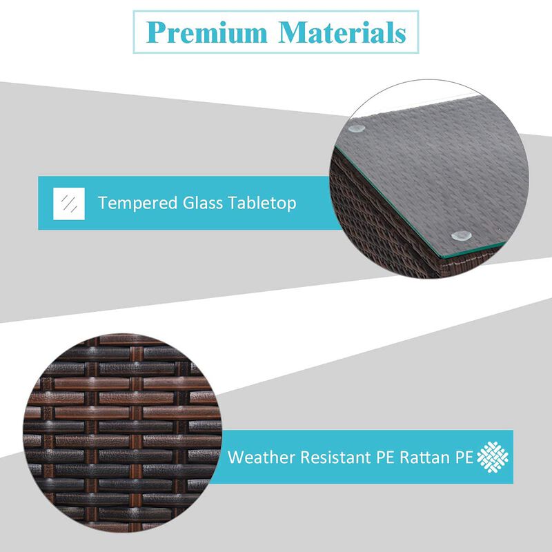 3 Pieces Patio Rattan Conversation Set with Glass Top Coffee Table and Cushions