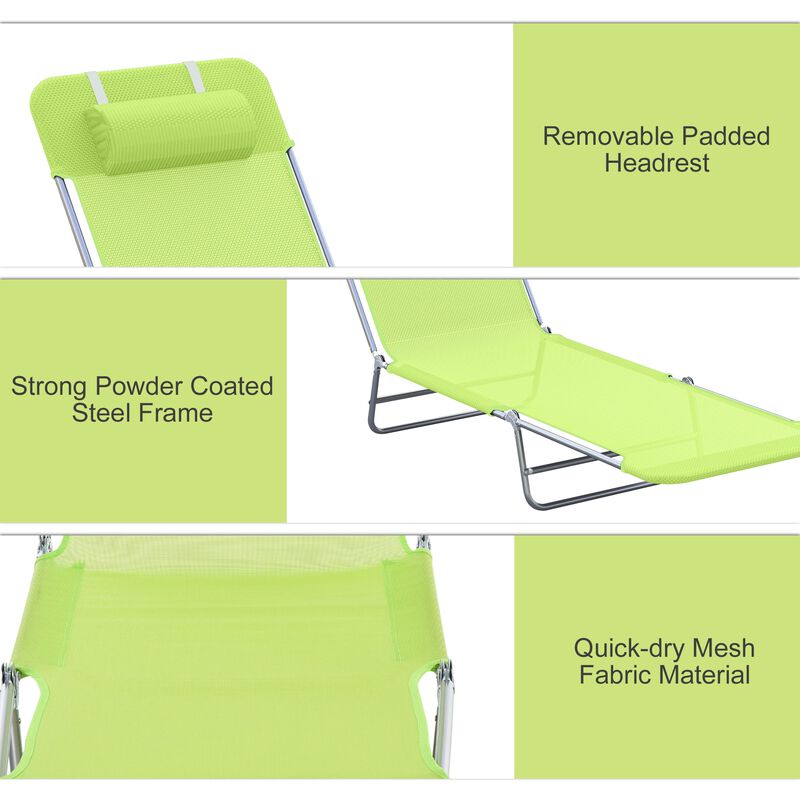 Portable Green Recliner: 6-Level Adjustable Folding Chaise with Pillow