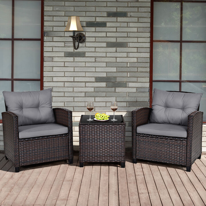3 Pcs Patio Rattan Furniture Set Cushioned Conversation Set Coffee Table