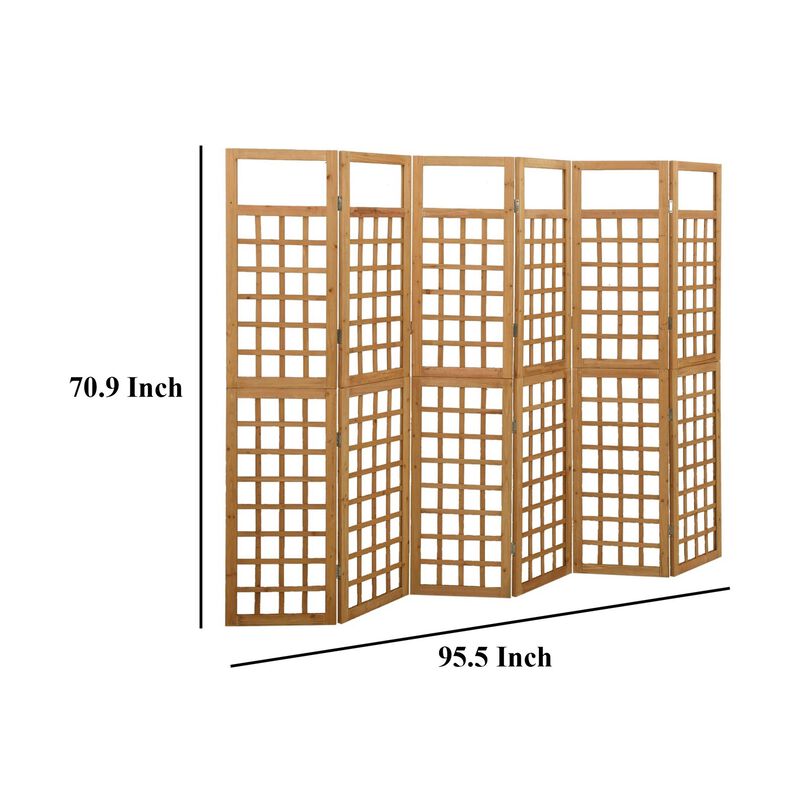 6 Panel Room Divider Trellis, Foldable Brown Solid Wood Frame, 96 Inch - Benzara
