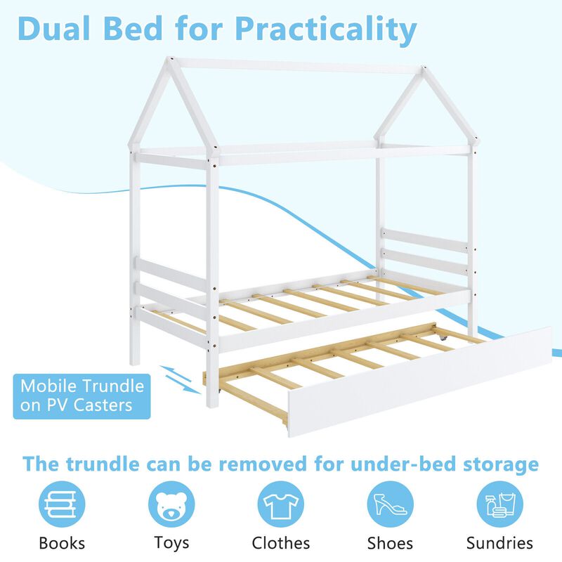 Kids Platform Bed Frame with Roof for Bedroom