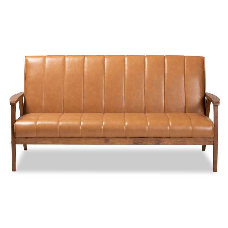 Baxton Studio Nikko Mid Century Tan Faux Leather Upholstered Wood Sofa