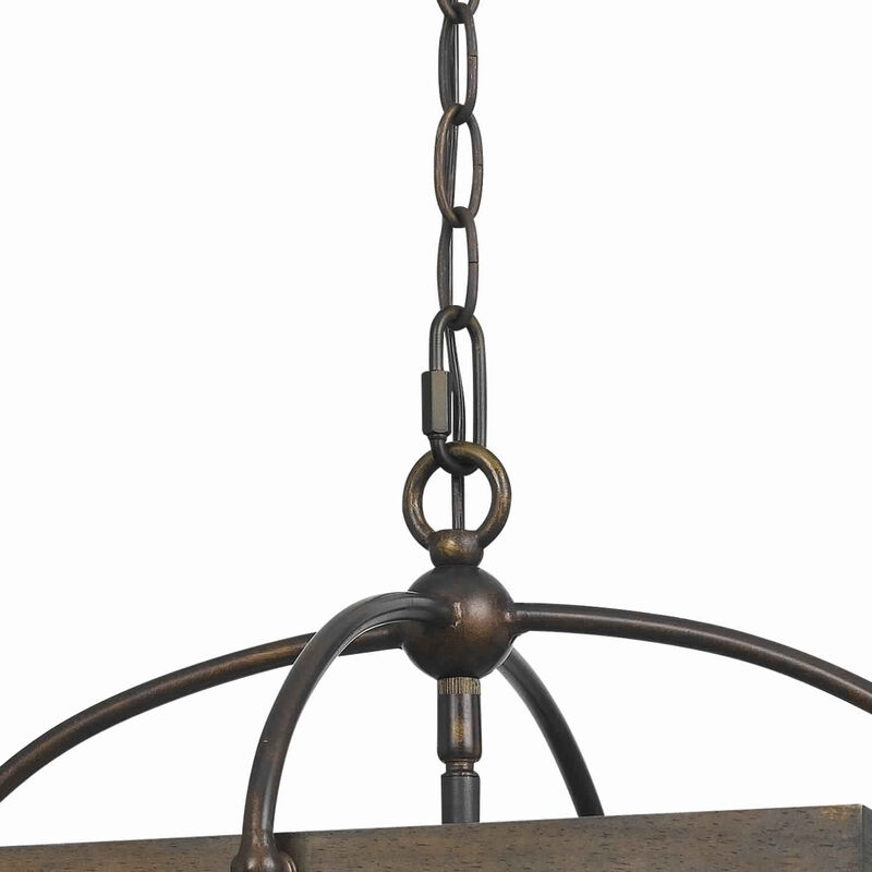 4 Bulb Semi Flush Pendant with Wooden Frame and Organza Striped Shade,Brown-Benzara