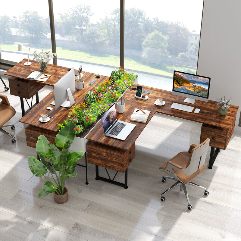 L-Shaped Computer Desk with Power Outlets and 3 Spacious Storage Drawers